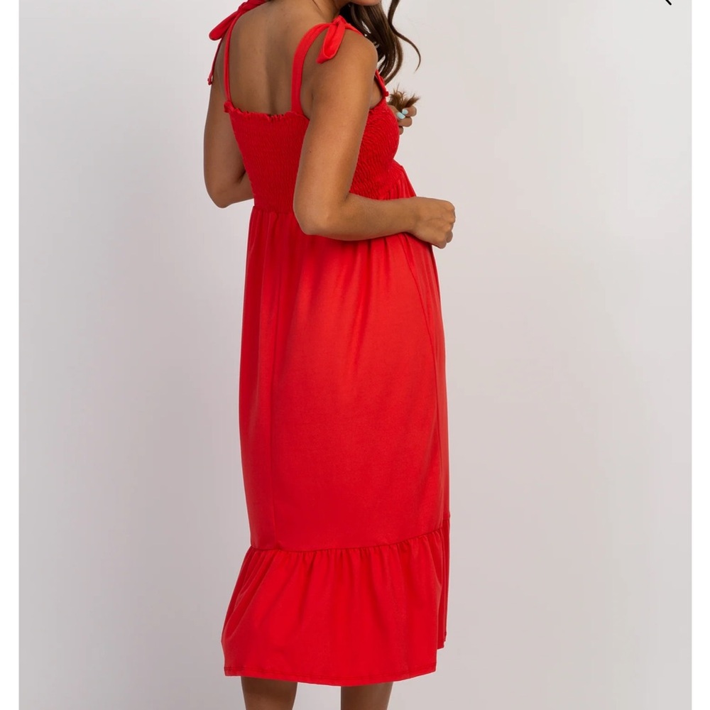 Red Solid Self-Tie Smocked Maternity Midi Dress - image 4